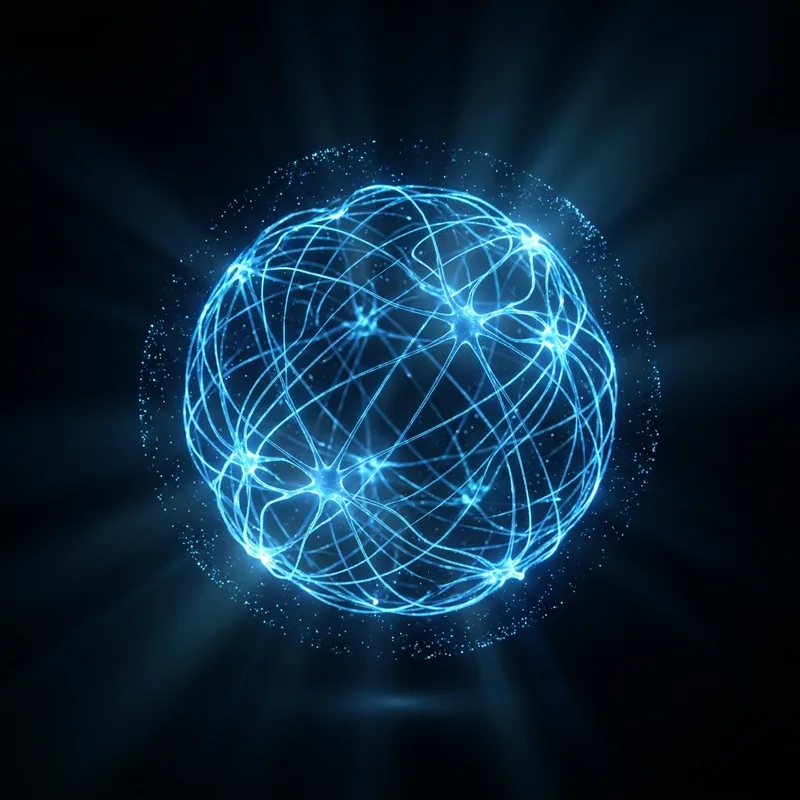 A luminous sphere of interwoven blue neural filaments floating in darkness