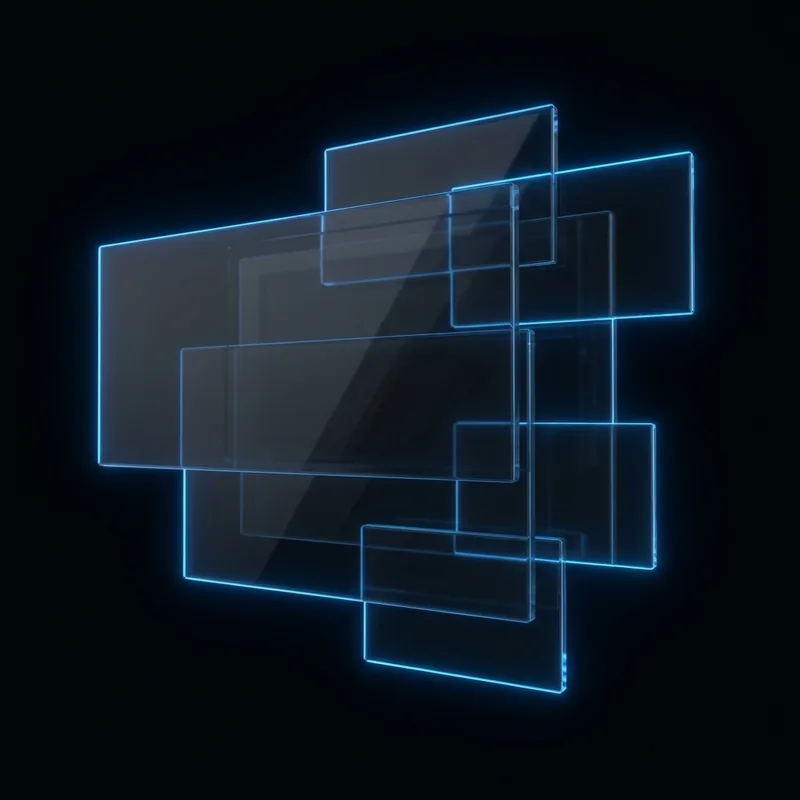 Dark glass panels arranged like a website layout blueprint, edged in blue light