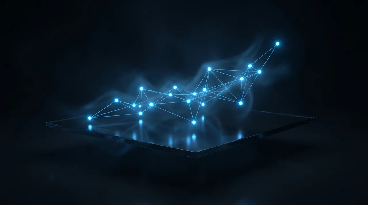 A dark glass plane with glowing blue nodes connected into an ascending network graph